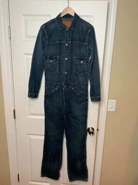 RRL Ralph Lauren Blue Dark Wash Denim Overalls Boilersuit Jumpsuit, Size XS